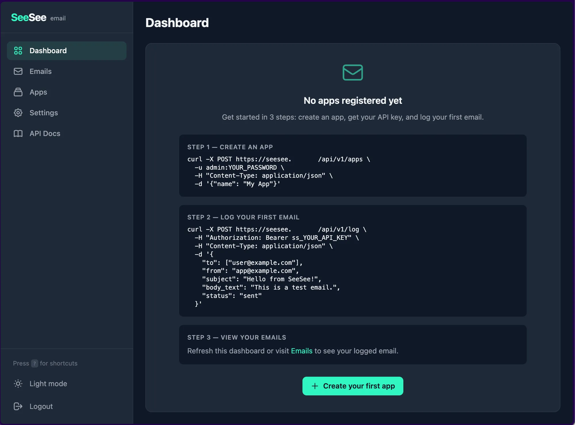 SeeSee dashboard with onboarding steps