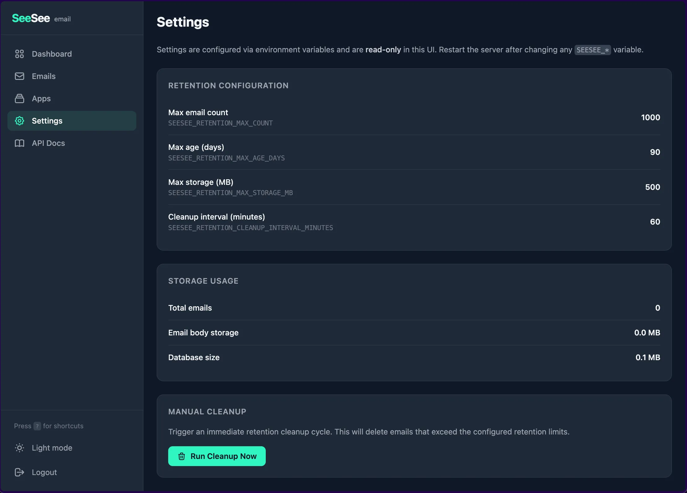 Settings page showing retention configuration and storage usage